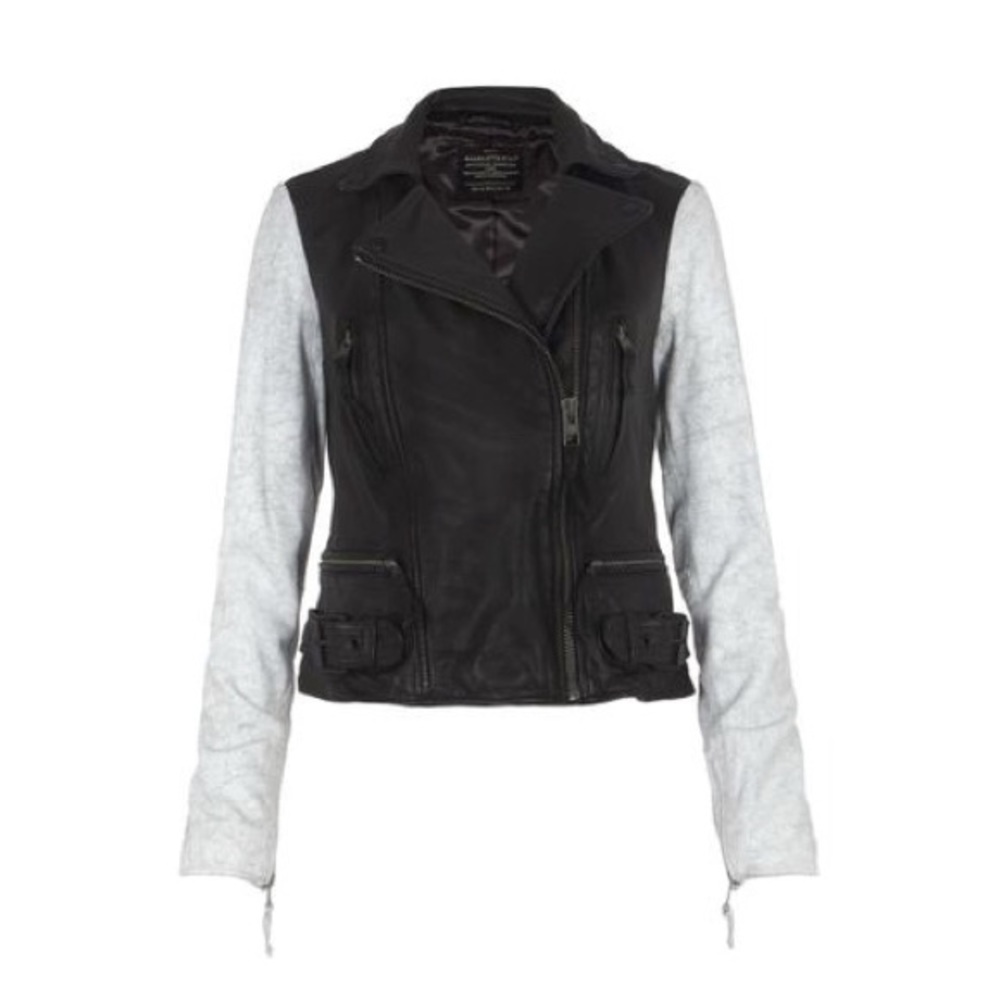 All Saints Albany Two-Tone Leather Biker Jacket Size 6 Black White Distressed